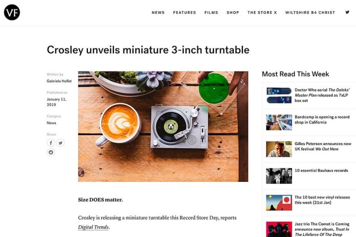 Crosley De Crosley micro-platenspeler zoals te zien op de site van The Vinyl Factory