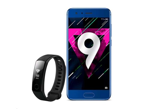 Honor De Honor 9 in volle glorie (bron afbeelding: https://www.vmall.eu/be/honor-9-free-black-band-3-sapphire-blue-64gb-weu-302436/bundle/)