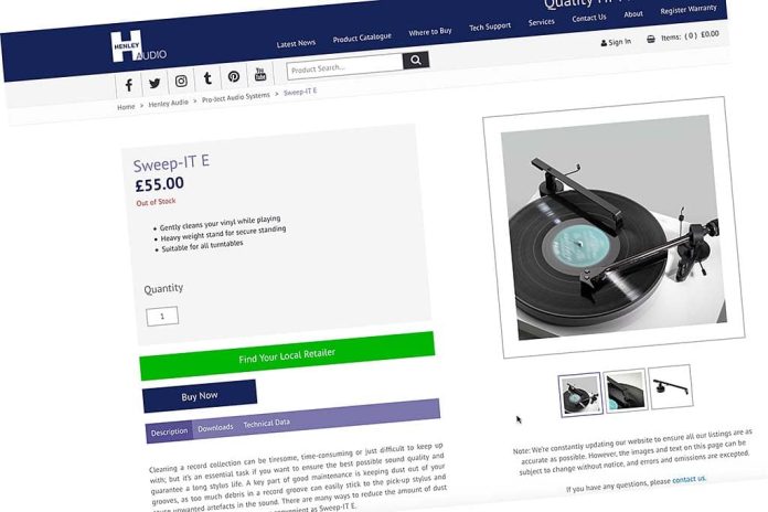 Project De Pro-Ject Sweep-IT E platenborstel zoals te zien op https://www.henleyaudio.co.uk/products/Sweep-IT-E?DepartmentIds=1
