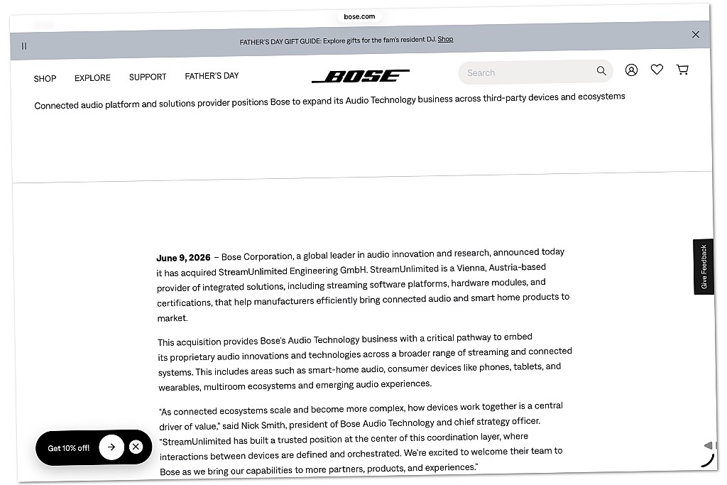 Bose Acquires Austria’s StreamUnlimited Bose Acquires Austria’s StreamUnlimited