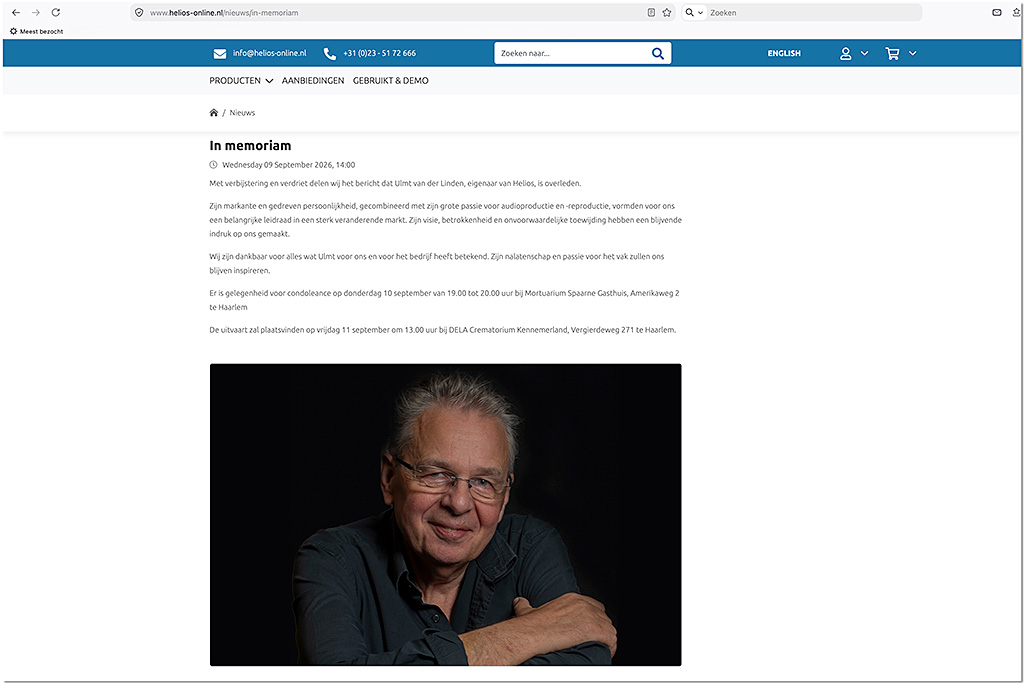 Ulmt van der Linden van Helios overleden Ulmt van der Linden van Helios overleden